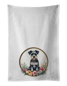 Schnauzer and Flowers Kitchen Towel Set of 2 White Dish Towels Decorative Bathroom Hand towel for Hand, Face, Hair, Yoga, Tea, Dishcloth, 19 X 28", Wh
