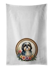 Shih Tzu and Flowers Kitchen Towel Set of 2 White Dish Towels Decorative Bathroom Hand towel for Hand, Face, Hair, Yoga, Tea, Dishcloth, 19 X 28", Whi