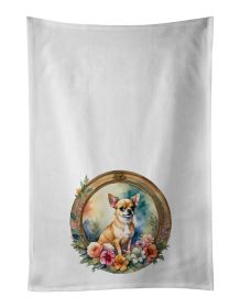 Chihuahua and Flowers Kitchen Towel Set of 2 White Dish Towels Decorative Bathroom Hand towel for Hand, Face, Hair, Yoga, Tea, Dishcloth, 19 X 28", Wh