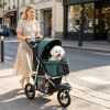 Folding car suitable for puppies, with 12 inch dark green rubber wheels, maximum weight capacity of 22 pounds
