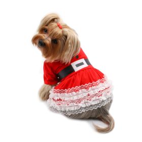 Lace Ruffles Puffy Sleeves Christmas Dress (Color: Red, Size: L)