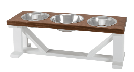 Farmhouse 3-Bowl Elevated Dog Feeder, White Base (Color: Chestnut, Size: medium)