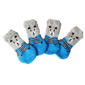 4 Pcs Cats Dogs Knitted Socks Cute Foot Covers Scratch Dirt Resistant Paw Protect Puppy Teddy Corgi Pet Shoes (Color: Blue Bear)