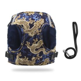 Dog Reflectorized Harness Set Dragon Pattern Safety Vest Adjustable Harness Pet Training Accessories (Color: gold, Size: S)