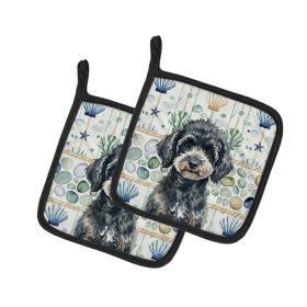 Coastal Sea Glass Pair of Pot Holders Pair 7.5x7.5 Quilted Insulated Hot Pads Decorative Kitchen Gift Made in USA (Option: Miniature Black Poodle)
