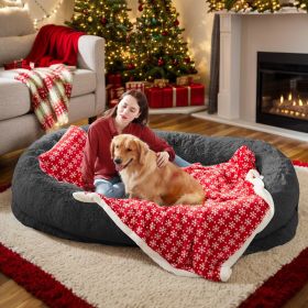 Human Dog Bed, Large Size Fits You and Pets, Washable Faux Fur Dog Bed for People Doze Off, Napping Orthopedic Dog Bed, Present Plump Pillow, Blanket (Color: DarkGrey-Christmas, Size: 6XL(71"L x 45"W x 12"Th))