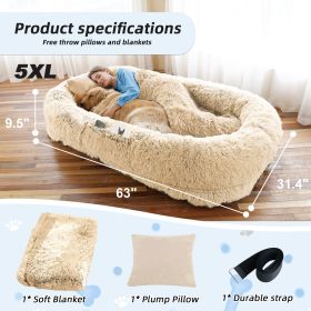 Human Dog Bed, Large Size Fits You and Pets, Washable Faux Fur Dog Bed for People Doze Off, Napping Orthopedic Dog Bed, Present Plump Pillow, Blanket (Color: Beige, Size: 5XL(63"L ×31.4"W ×9.5"Th))
